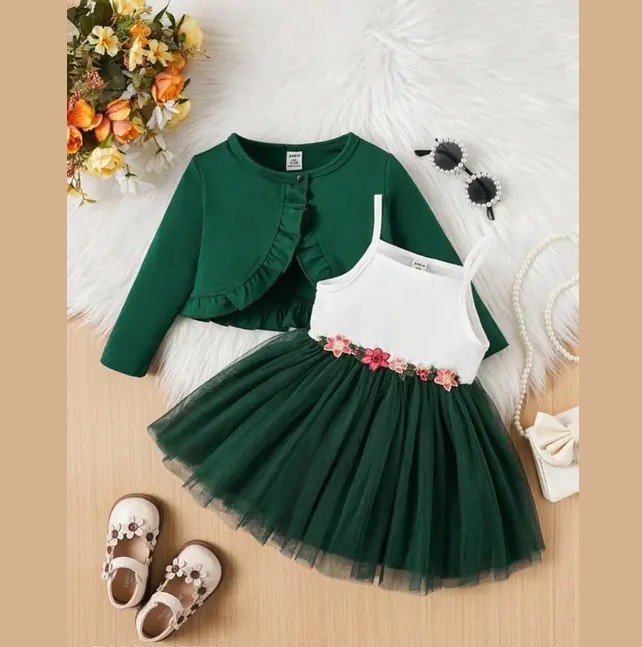 ---Baby-Girls-Ruffle-Trim-Jacket-and-Appliques-Mesh-Overlay-Cami-Dress-Green